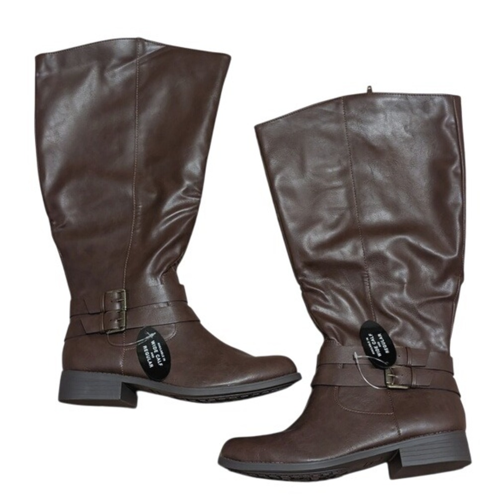 Style & Co Boots NEW Womens 10 Wide Calf Brown Moto Riding Knee Buckles